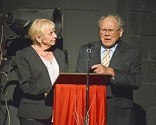 Katie Rickman | The Vindicator.Joanne and Joseph Scarvell recall their memories of the late Bentley Lenhoff during the"Exit Stage Left" tribute to the late Bentley Lenhoff Saturday July 25, 2015 at the playhouse.