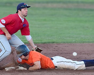 STRUTHERS, OHIO - JULY 31, 2015: Riley Campbell #6 of Youngstown Cene steals second base while second basemen Dom Castello #16 of Charters Valley bobbles the ball in the 1st inning during Friday nights PONY tournament game at Cene Park. DAVID DERMER | THE VINDICATOR