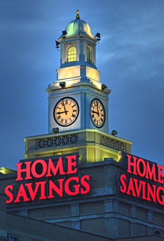 THome Savings clock tower is a bright beacon over the downtown view on the corner of W. Federal and Vindicator Square.