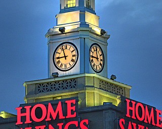 THome Savings clock tower is a bright beacon over the downtown view on the corner of W. Federal and Vindicator Square.