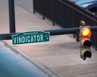 The Vindicator Square road sign at the corner of Boardman Street and Vindicator Square.