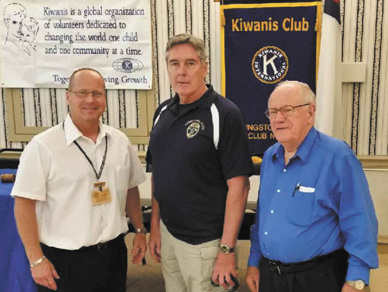 SPECIAL TO THE VINDICATOR
Youngstown Police Chief Robin Lees met with the Youngstown Kiwanis Club on July 24 to discuss and field questions on the department’s use of new hand-held radar guns, which will be used to reduce crashes and keep drivers compliant with speed limits. From left are Rob Gardner, club president; Chief Lees; and Chuck Whitman, member emeritus.