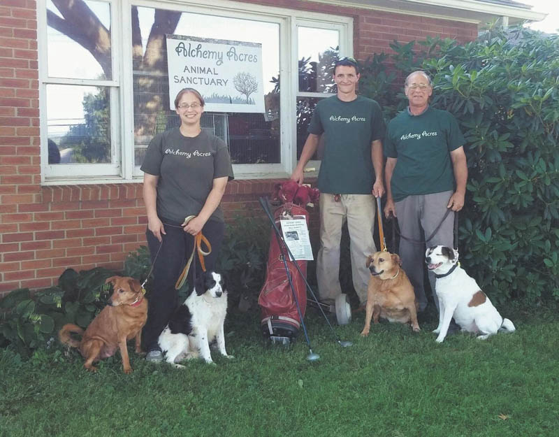SPECIAL TO THE VINDICATOR
Alchemy Acres Animal Sanctuary will conduct its seventh annual Gavin Ward Memorial Golf Tournament on Aug. 22. Gavin, who had been a special volunteer, died at age 12. The four-person scramble will take place at the Olde Dutch Mill Golf Course, 2745 Grandview Road in Lake Milton. The registration fee is $65 per person, which includes a golf cart, beverages, breakfast, lunch and dinner. Teams that register by Aug. 15 will receive a dozen golf balls per team. Prizes to be awarded have been provided by Sweeney Chevrolet, including the use of a 2015 Chevy Cruze for 24 months to the player who can make a hole-in-one on the eighth hole. Sweeney also will donate $5,000 to Alchemy Acres if the hole-in-one is made. All proceeds will benefit Alchemy Acres. For information call the sanctuary at 330-332-4897. In front from left the dogs are Chanel, Karma, Ginger and Buckeye. Behind them are Katie Sacco, Elijah Rutter and Steve Sacco.