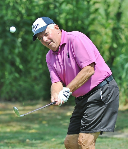Rich Summer of Columbiana watches his chip onto the seventh green during Monday afternoon's Greatest Golfer of the Valley scramble held at the Lake Club in Poland.