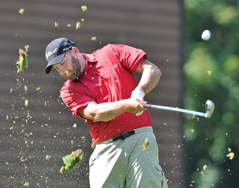B.J. Houp of Lisbon makes his shot from the tee during Monday afternoon's Greatest Golfer of the Valley scramble held at the Lake Club in Poland.