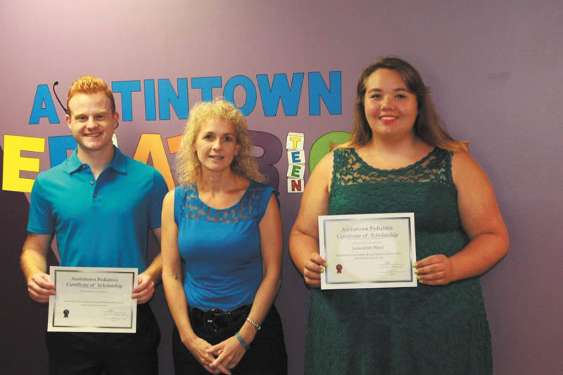 SPECIAL TO THE VINDICATOR
Joshua Potkanowicz of Austintown and Leandrah Hunt of Boardman are the recipients of two $500 scholarships from Austintown Pediatrics Inc. Dr. Carrie A. Campanelli, D.O., F.A.A.P. announced the winners recently. The scholarships are to show the doctor’s support for her college-bound patients who excelled in the classroom and in their communities. Campanelli is a board certified pediatrician who has been caring for newborns and young adults for 17 years. From left are Potkanowicz, Campanelli and Hunt.