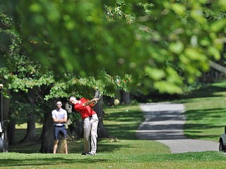 Jeff Lange | The Vindicator  AUGUST 21, 2015 - Matt Thomas of Struthers makes an approach shot during Friday's Greatest Golfer of the Valley tournament at Mill Creek Golf Course.