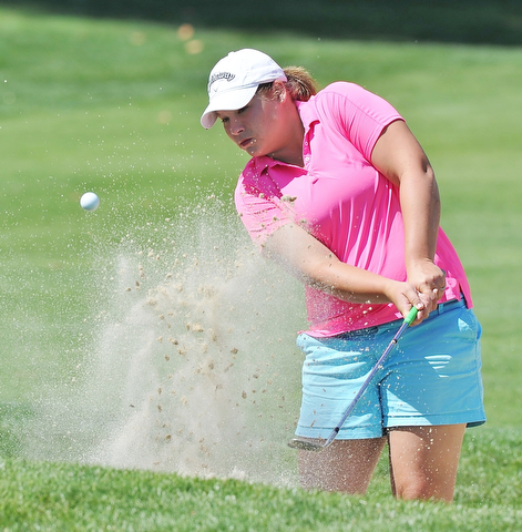 Jeff Lange | The Vindicator  AUGUST 23, 2015 - North Lima native Ariel Witmer of Farmville, VA blasts her way out of the bunker at hole 7 during Sunday's Greatest Golfer of the Valley tournament at the Lake Club. Wilmer captured the women's Greatest Golfer title with a final score of 227.