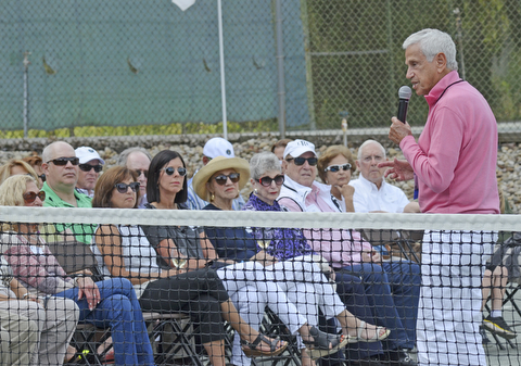 Katie Rickman | The Vindicator.Dr. Bill Lippy, co-founder of the Israeli Tennis Center (ITC) speaks to a crowd gathered for a tennis exhibition where students and staff from Israel played for the onlookers.