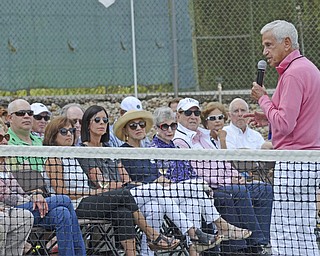 Katie Rickman | The Vindicator.Dr. Bill Lippy, co-founder of the Israeli Tennis Center (ITC) speaks to a crowd gathered for a tennis exhibition where students and staff from Israel played for the onlookers.