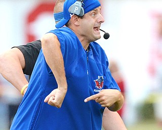 Jeff Lange | The Vindicator  AUGUST 27, 2014 - Western Reserve Blue Devils' head coach Andy Hake reacts to a play from the sidelines in the second quarter of Thursday, August 27th's game against Columbiana at Firestone Stadium.