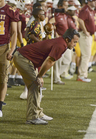 Katie Rickman | The Vindicator.Mooney's Coach PJ Fecko after a failed play during the game against St. Joseph's at Youngstown States Stambaugh Stadium August 28, 2015.