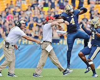 Jeff Lange | The Vindicator  SEPTEMBER 5, 2015 - Pitt head coach Pat Narduzzi (left) celebrates with players Nate Pamerman (4) and Nicholas Grigsby (3) at the end of the game on Saturday in Pittsburgh.