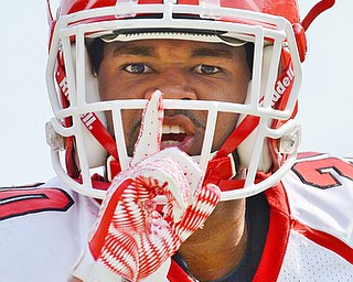 Jeff Lange | The Vindicator  SEPTEMBER 5, 2015 - YSU's Jody Webb celebrates in the end zone after a touchdown against Pitt, Saturday afternoon in Pittsburgh.