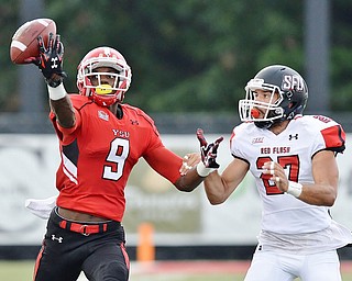 Jeff Lange | The Vindicator  SEPTEMBER 19, 2015 - IÕtavious Harvin of YSU (left) attempts to catch a deep pass as SFU's Jalen Wells pulls him back by the arm during first half action of Saturday's game in Youngstown.