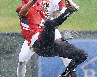 Jeff Lange | The Vindicator  SEPTEMBER 19, 2015 - YSU wide receiver Jaylon Brown (8) collides with Saint Francis' William Martin (16) as they drop a wet pass in the rain during second quarter action of Saturday evening's game in Youngstown. The Penguins defeated the Red Flash with ease 48-3.