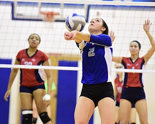 CORTLAND, OHIO - SEPTEMBER 29, 2015: Annie Pavlansky #2 of Lakeview keeps the ball alive with a over the shoulder bump during their game Tuesday night at Lakeview High School. DAVID DERMER | THE VINDICATOR