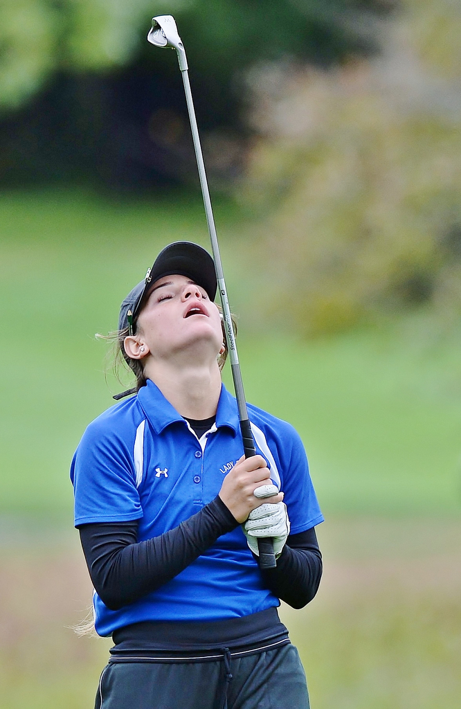 Jeff Lange | The Vindicator  SEPTEMBER 30, 2015 - Poland junior Gina Ungaro reacts to hitting her shot from the No. 10 fairway into the water during Wednesday's girls sectional golf tournament at Pine Lakes Golf Club in Hubbard.