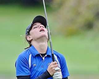 Jeff Lange | The Vindicator  SEPTEMBER 30, 2015 - Poland junior Gina Ungaro reacts to hitting her shot from the No. 10 fairway into the water during Wednesday's girls sectional golf tournament at Pine Lakes Golf Club in Hubbard.