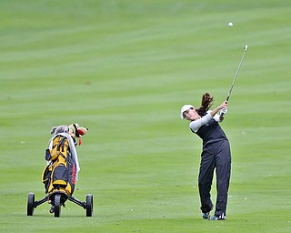 Jeff Lange | The Vindicator  SEPTEMBER 30, 2015 - Cardinal Mooney freshman Hadley Spielvogel watches her shot from the No. 1 fairway during Wednesday's girls sectional golf tournament held at Pine Lakes Golf Club in Hubbard.