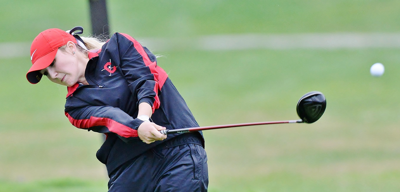 Jeff Lange | The Vindicator  SEPTEMBER 30, 2015 - Columbiana senior Alexa Tringhese drives her ball down the No. 2 fairway during Wednesday's girls sectional golf tournament held at Pine Lakes Golf Club in Hubbard.