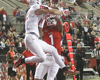        ROBERT K. YOSAY  | THE VINDICATOR..YSU #1 Eric Thompson   breaks up a touchdown pass intended for #82 Anthony Warrum in the endzone during first half action at YSU