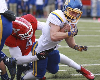 William D. Lewis The Vindicator  SDS's  Brady Mengarelli (44) falls into the the endzone while being pursed by YSU's IAvery Moss (9) to score during 1rst qtr of 10-17-15 game in Youngstown, Oh.