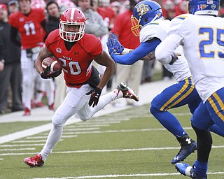 William D. Lewis the Vindicator YSU's Jody Webb(20) is pushed out of bounds by SDS Dallas Brown(15) during 10-17-15 game.