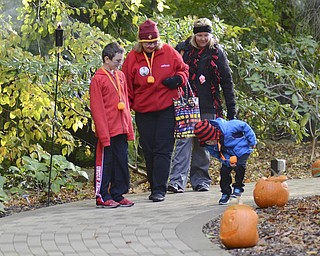 Katie Rickman | The Vindicator.Scottie Eaton of Canfield (far left) and his grandmother Beth Schutz (center) along with his mother Sabrina Eaton look on as his little btoher Mason 4 leans over to get a closer look at a jack-o'-lantern during the 12th Annual Pumpkin Walk at Twilight at Fellows Riverside Gardens Sunday evening.