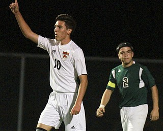 William D Lewis The Vindicator  Howland's David Schwartz(10) reacts after scoring during1rsthalf of 10-21-15 game with Nordonia at Howland.