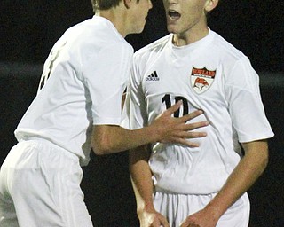 William D Lewis The Vindicator  Howland's David Schwartz(10) reacts after scoring during1rsthalf of 10-21-15 game with Nordonia at Howland. At left is Manny Perez(3)