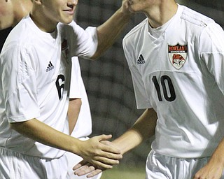 William D Lewis The Vindicator  Howland's David Schwartz(10) reacts after scoring during1rsthalf of 10-21-15 game with Nordonia at Howland. At left is Matt Seem(6).