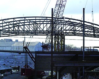 the shell of the convocation center is viewed from South Avenue looking west. The $42 million YCC is scheduled to open this fall. It will be home to the Youngstown SteelHounds Central