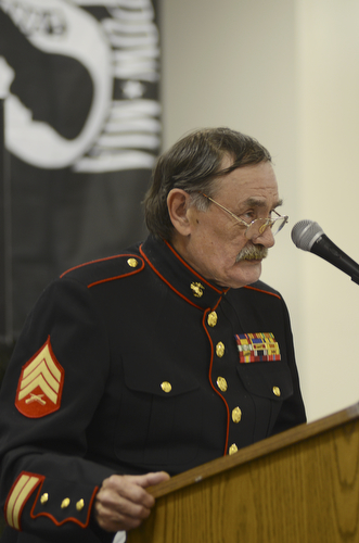 Katie Rickman | The Vindicator.Fred Elbert, keynote speaker at the 11th Annual Hispanic Veteran's Appreciation Dinner addresses those gathered at the event on Saturday night.  Elbert was a POW and he spoke about his experiences as a POW, including the food rations, escape attempts and more.
