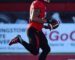 YOUNGSTOWN, OHIO - NOVEMBER 14, 2015: Jody Webb #20 of YSU scores a touchdown during the 1st half of their game at Stambaugh Stadium Saturday afternoon. DAVID DERMER | THE VINDICATOR