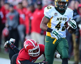YOUNGSTOWN, OHIO - NOVEMBER 14, 2015: Bruce Anderson #42 of North Dakota State runs down the sideline before being tripped up from behind by Lee Wright #5 of YSU during the 2nd half of their game at Stambaugh Stadium Saturday afternoon. DAVID DERMER | THE VINDICATOR