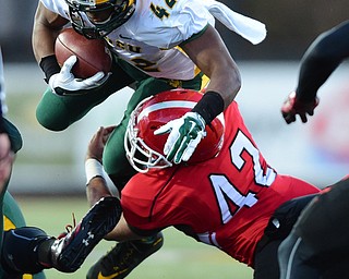 YOUNGSTOWN, OHIO - NOVEMBER 14, 2015: Bruce Anderson #42 of North Dakota State is tackled in the air by Armand Dellovade #42 of YSU during the 2nd half of their game at Stambaugh Stadium Saturday afternoon. DAVID DERMER | THE VINDICATOR