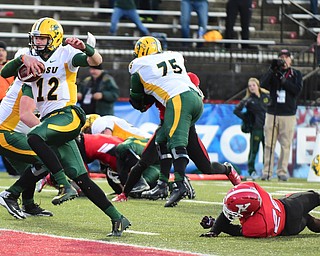 YOUNGSTOWN, OHIO - NOVEMBER 14, 2015: Eason Stick #12 of North Dakota State high steps into the end zone after breaking the tackle of Jameel Smith #26 of YSU to go ahead 26-24 during the 4th quarter of their game at Stambaugh Stadium Saturday afternoon. DAVID DERMER | THE VINDICATOR