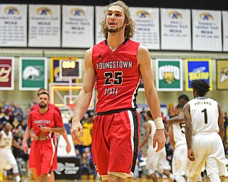 KENT, OHIO - NOVEMBER 14, 2015: Jordan Andrews #25 of YSU walks to the bench after the conclusion of the 2nd half of Saturday nights game at the Memorial Athletic and Convocation Center. Kent State won 79-70. DAVID DERMER | THE VINDICATOR