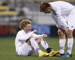 Canfield South Range's Brooks Thomas, left, and teammate Landon Baer react following a 9-0 boys Division III Ohio State Soccer Championship loss to Cincinnati Summit Country Day Saturday, Nov. 14, 2015, in Columbus, Ohio. (Photo/Paul Vernon)