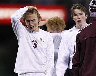 Canfield South Range's Cole Frank, left, and teammate Scott Erb react following a 9-0 boys Division III Ohio State Soccer Championship loss to Cincinnati Summit Country Day Saturday, Nov. 14, 2015, in Columbus, Ohio. (Photo/Paul Vernon)