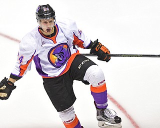YOUNGSTOWN, OHIO _ DECEMBER 2, 2015: Tyler Drevitch #24 of the Phantoms celebrates after aching a goal during the 2nd period of their game Wednesday morning at the Covelli Center. The Phantoms won 6-5 in OT. DAVID DERMER | THE VINDICATOR