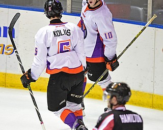 YOUNGSTOWN, OHIO _ DECEMBER 2, 2015: Kevin Conley #10 of the Phantoms celebrates with teammate Vas Kolas #5 after scoring the game winning goal in overtime of their game Wednesday morning at the Covelli Center. The Phantoms won 6-5 in OT. DAVID DERMER | THE VINDICATOR