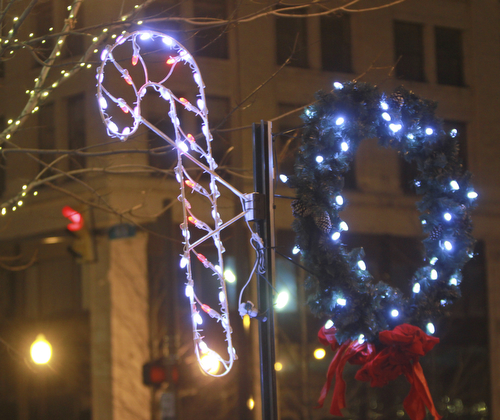 William D LewisThe Vindicator A candy cane and wreath decorate downtown youngsotwn.