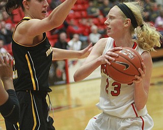 William d Lewis The Vindicator  YSU's Sarah Cash(23) keeps the ball from Milwaukee's Steph Kostowwicz(32)