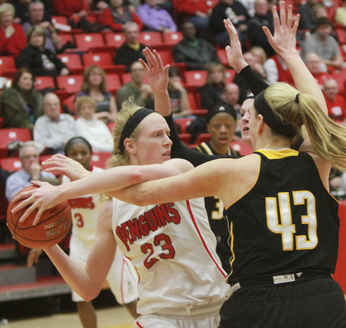 William D Lewis The Vindicator YSU'ssarah Cash (23) keeps the ball from Milwaukee's  Christina Wakeman(43).