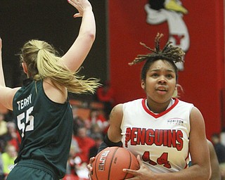 William D Lewis the vindicator YSU's Janae Jackson(44)drives around Greenbays Sam Terry(55) during 1-9-16 game at YSU.