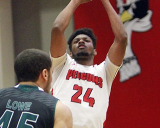 William D Lewis the vindicator YSU's Cameron Morse(24) shoots a jumper past GB's Kenneth Lowe(45) during 1-9-16 game at YSU.