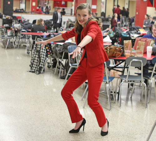 Cortland Stone of Columbiana High School practices her humorous interpretation of Ace Ventura Pet Detective in the cafeteria of Canfield High School during a Speech and Debate competition on Saturday morning.  Dustin Livesay  |  The Vindicator  1/9/16  Canfield.