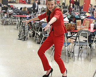 Cortland Stone of Columbiana High School practices her humorous interpretation of Ace Ventura Pet Detective in the cafeteria of Canfield High School during a Speech and Debate competition on Saturday morning.  Dustin Livesay  |  The Vindicator  1/9/16  Canfield.